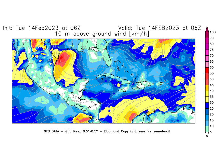 Mappa di analisi GFS - Velocità del vento a 10 metri dal suolo [km/h] in Centro-America
							del 14/02/2023 06 <!--googleoff: index-->UTC<!--googleon: index-->