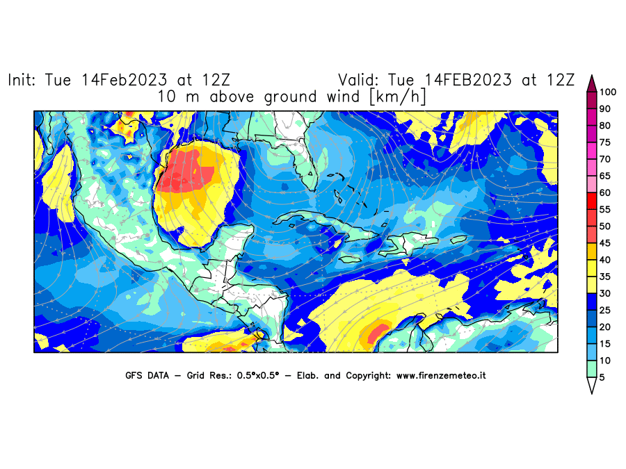 Mappa di analisi GFS - Velocità del vento a 10 metri dal suolo [km/h] in Centro-America
							del 14/02/2023 12 <!--googleoff: index-->UTC<!--googleon: index-->