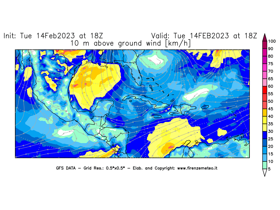 Mappa di analisi GFS - Velocità del vento a 10 metri dal suolo [km/h] in Centro-America
							del 14/02/2023 18 <!--googleoff: index-->UTC<!--googleon: index-->