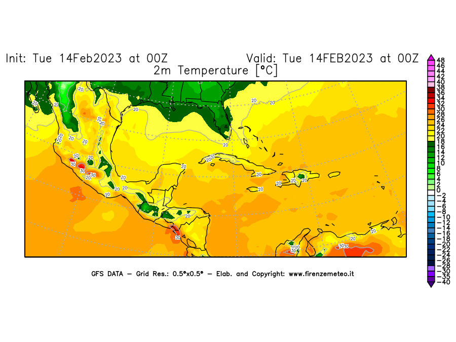 Mappa di analisi GFS - Temperatura a 2 metri dal suolo [°C] in Centro-America
							del 14/02/2023 00 <!--googleoff: index-->UTC<!--googleon: index-->