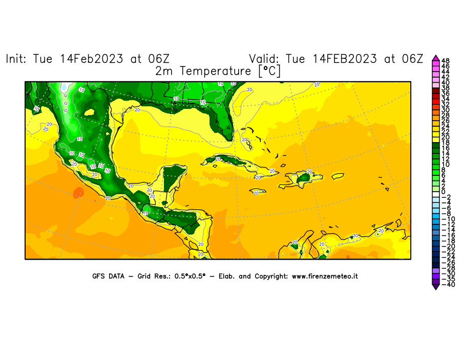 Mappa di analisi GFS - Temperatura a 2 metri dal suolo [°C] in Centro-America
							del 14/02/2023 06 <!--googleoff: index-->UTC<!--googleon: index-->