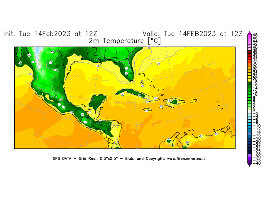 Mappa di analisi GFS - Temperatura a 2 metri dal suolo [°C] in Centro-America
							del 14/02/2023 12 <!--googleoff: index-->UTC<!--googleon: index-->