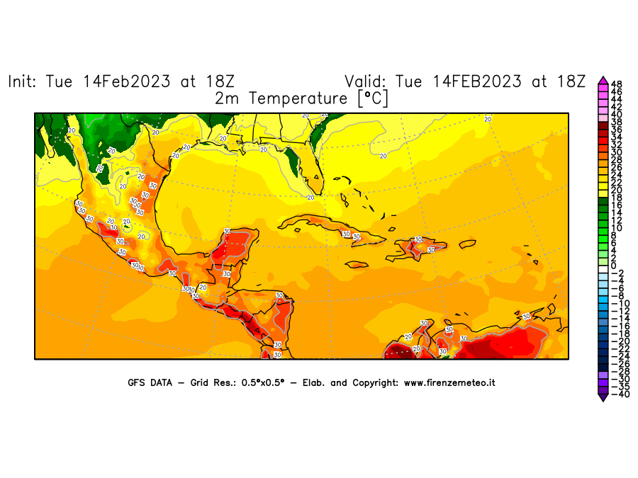 Mappa di analisi GFS - Temperatura a 2 metri dal suolo [°C] in Centro-America
							del 14/02/2023 18 <!--googleoff: index-->UTC<!--googleon: index-->