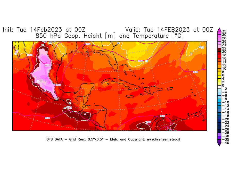 Mappa di analisi GFS - Geopotenziale [m] e Temperatura [°C] a 850 hPa in Centro-America
							del 14/02/2023 00 <!--googleoff: index-->UTC<!--googleon: index-->