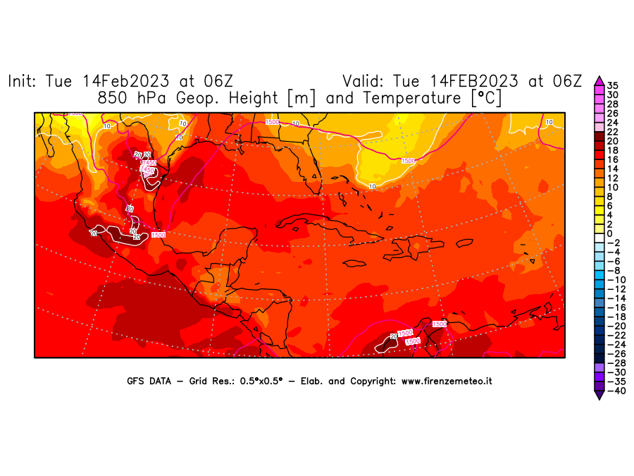 Mappa di analisi GFS - Geopotenziale [m] e Temperatura [°C] a 850 hPa in Centro-America
							del 14/02/2023 06 <!--googleoff: index-->UTC<!--googleon: index-->