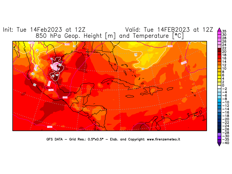 Mappa di analisi GFS - Geopotenziale [m] e Temperatura [°C] a 850 hPa in Centro-America
							del 14/02/2023 12 <!--googleoff: index-->UTC<!--googleon: index-->