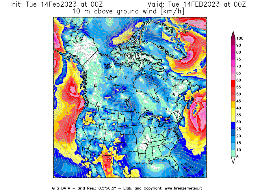Mappa di analisi GFS - Velocità del vento a 10 metri dal suolo [km/h] in Nord-America
							del 14/02/2023 00 <!--googleoff: index-->UTC<!--googleon: index-->