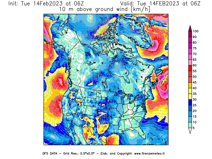 Mappa di analisi GFS - Velocità del vento a 10 metri dal suolo [km/h] in Nord-America
							del 14/02/2023 06 <!--googleoff: index-->UTC<!--googleon: index-->
