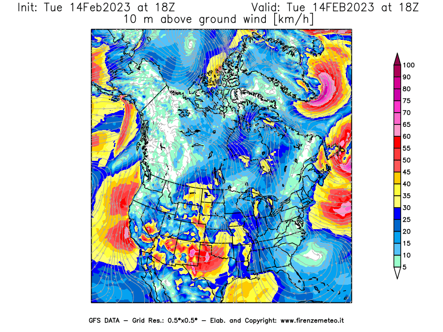 Mappa di analisi GFS - Velocità del vento a 10 metri dal suolo [km/h] in Nord-America
							del 14/02/2023 18 <!--googleoff: index-->UTC<!--googleon: index-->