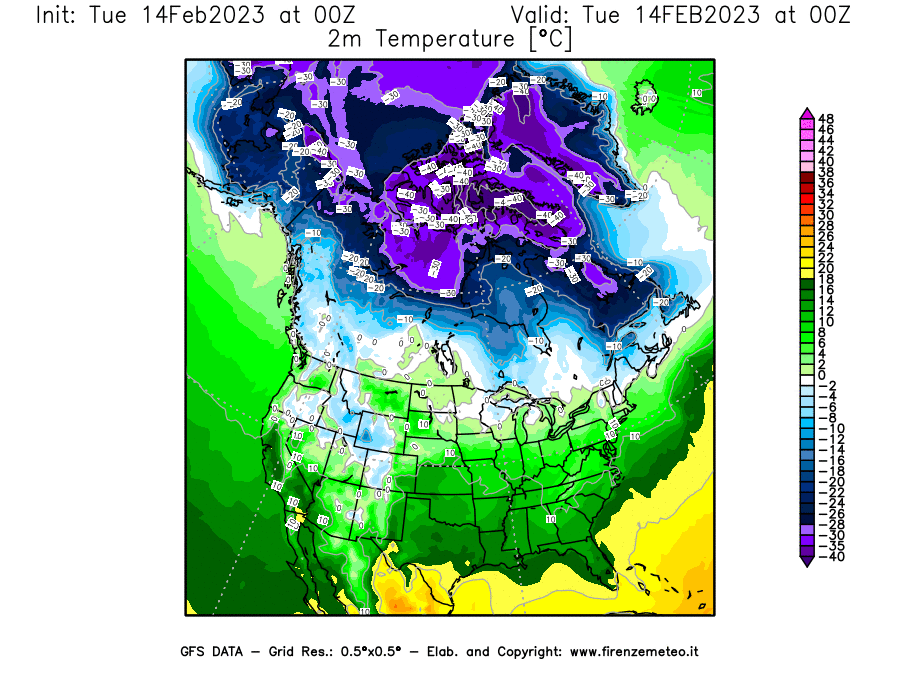 Mappa di analisi GFS - Temperatura a 2 metri dal suolo [°C] in Nord-America
							del 14/02/2023 00 <!--googleoff: index-->UTC<!--googleon: index-->
