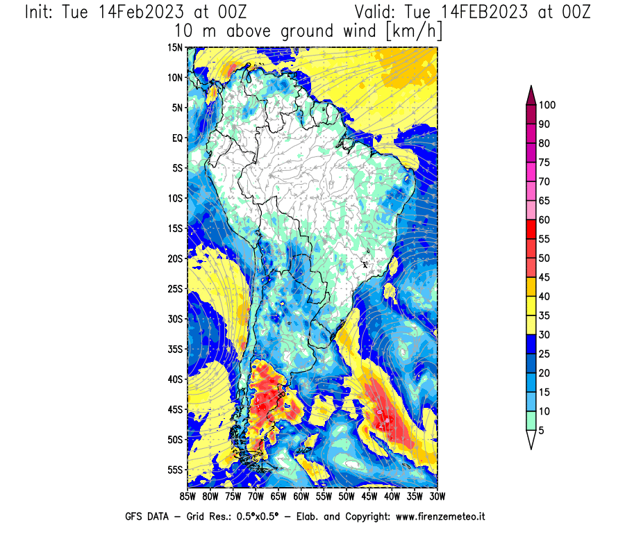 Mappa di analisi GFS - Velocità del vento a 10 metri dal suolo [km/h] in Sud-America
							del 14/02/2023 00 <!--googleoff: index-->UTC<!--googleon: index-->