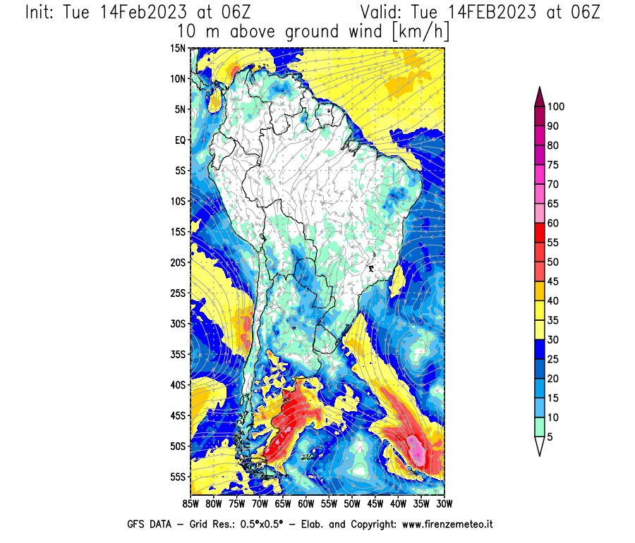 Mappa di analisi GFS - Velocità del vento a 10 metri dal suolo [km/h] in Sud-America
							del 14/02/2023 06 <!--googleoff: index-->UTC<!--googleon: index-->