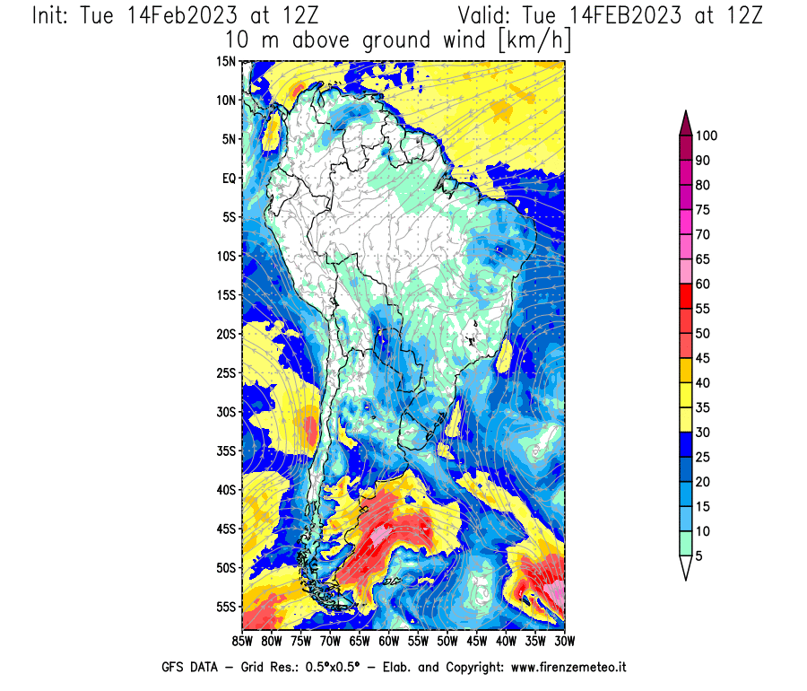 Mappa di analisi GFS - Velocità del vento a 10 metri dal suolo [km/h] in Sud-America
							del 14/02/2023 12 <!--googleoff: index-->UTC<!--googleon: index-->