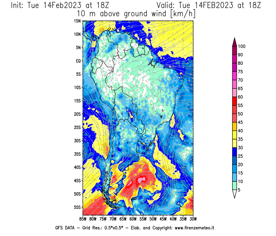 Mappa di analisi GFS - Velocità del vento a 10 metri dal suolo [km/h] in Sud-America
							del 14/02/2023 18 <!--googleoff: index-->UTC<!--googleon: index-->