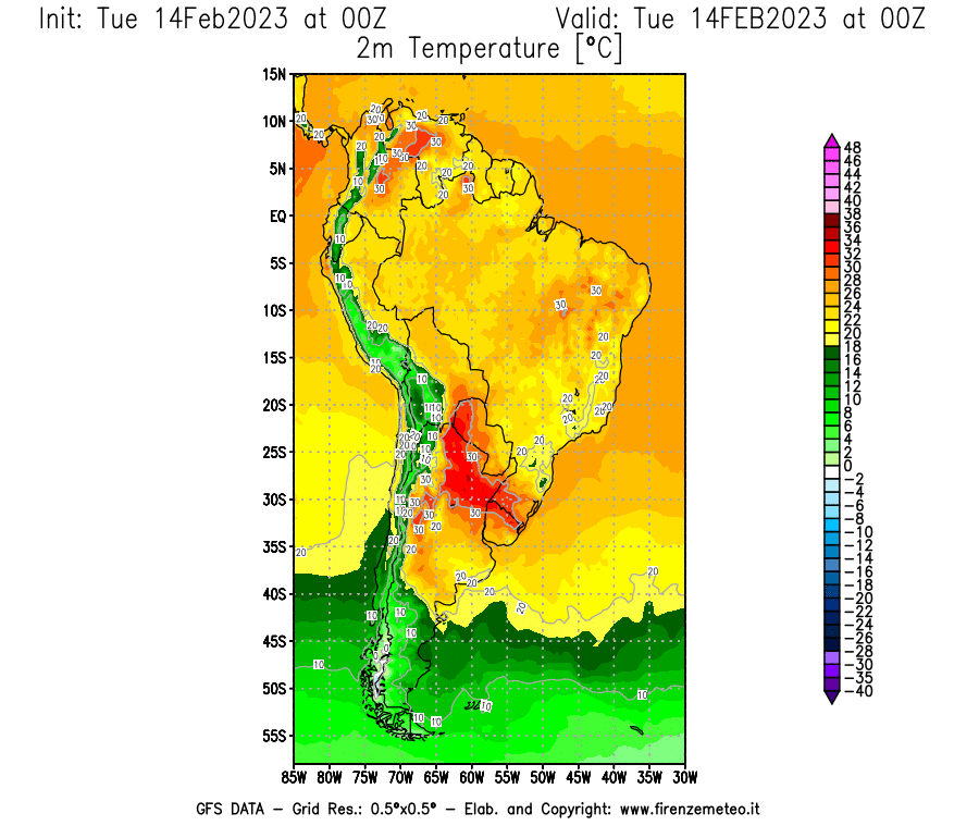 Mappa di analisi GFS - Temperatura a 2 metri dal suolo [°C] in Sud-America
							del 14/02/2023 00 <!--googleoff: index-->UTC<!--googleon: index-->