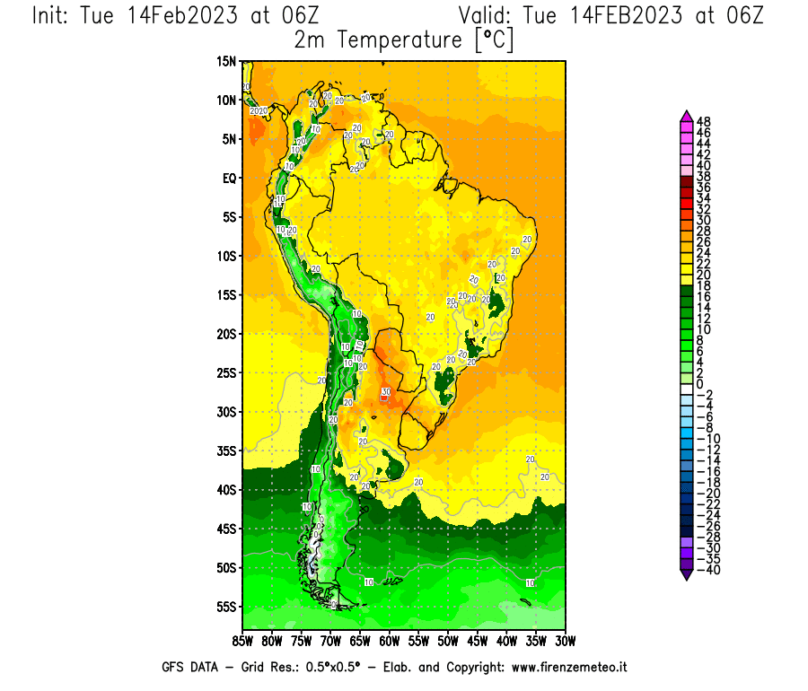 Mappa di analisi GFS - Temperatura a 2 metri dal suolo [°C] in Sud-America
							del 14/02/2023 06 <!--googleoff: index-->UTC<!--googleon: index-->