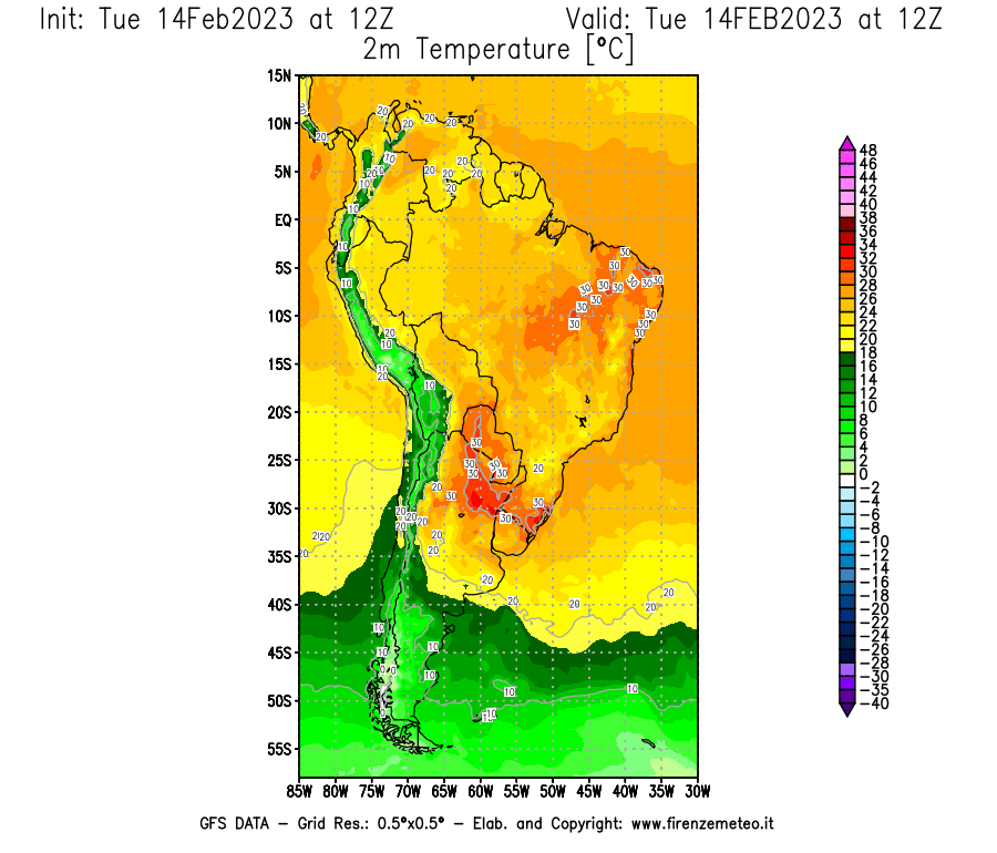 Mappa di analisi GFS - Temperatura a 2 metri dal suolo [°C] in Sud-America
							del 14/02/2023 12 <!--googleoff: index-->UTC<!--googleon: index-->