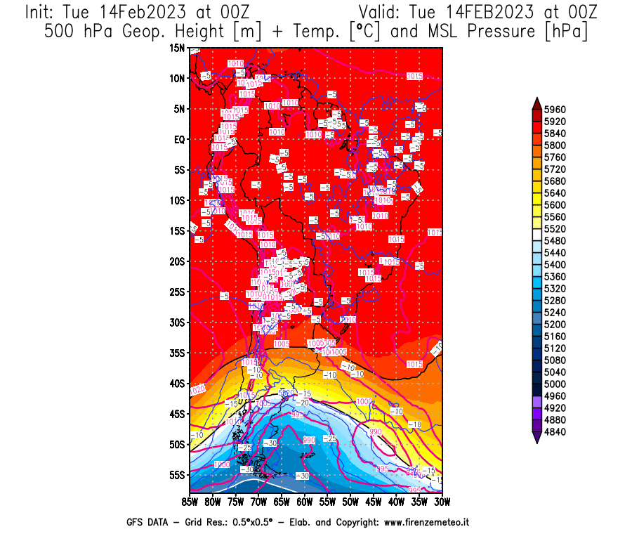 Mappa di analisi GFS - Geopotenziale [m] + Temp. [°C] a 500 hPa + Press. a livello del mare [hPa] in Sud-America
							del 14/02/2023 00 <!--googleoff: index-->UTC<!--googleon: index-->