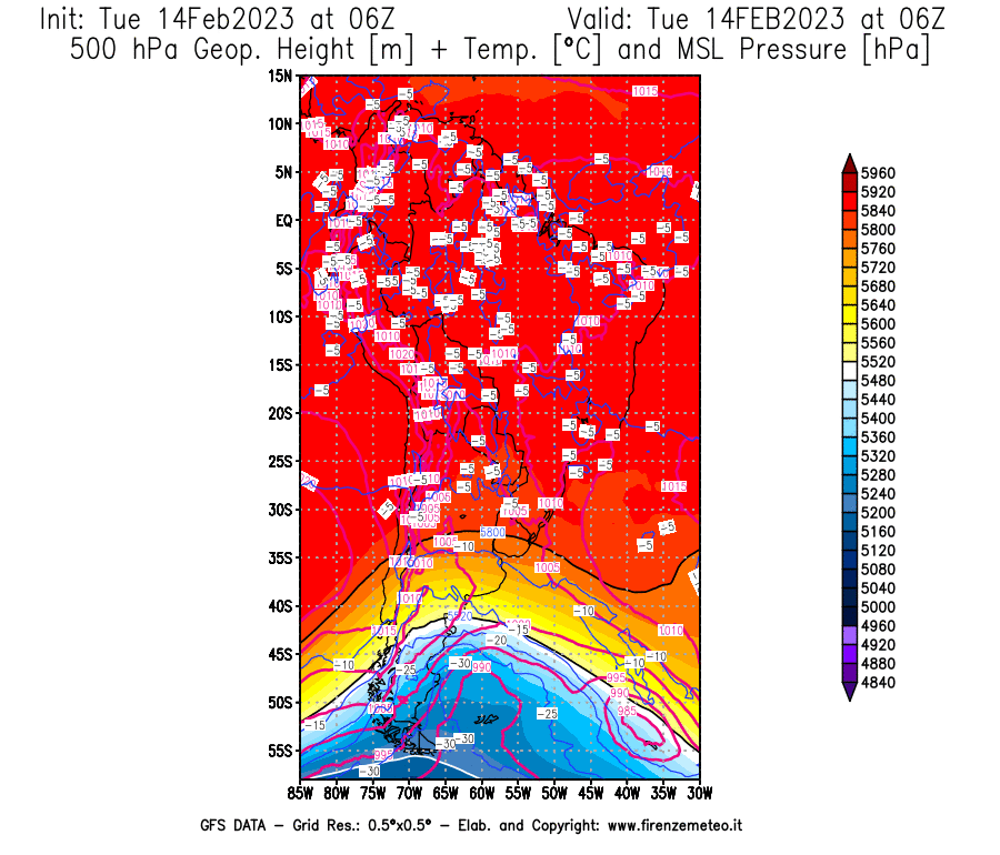 Mappa di analisi GFS - Geopotenziale [m] + Temp. [°C] a 500 hPa + Press. a livello del mare [hPa] in Sud-America
							del 14/02/2023 06 <!--googleoff: index-->UTC<!--googleon: index-->