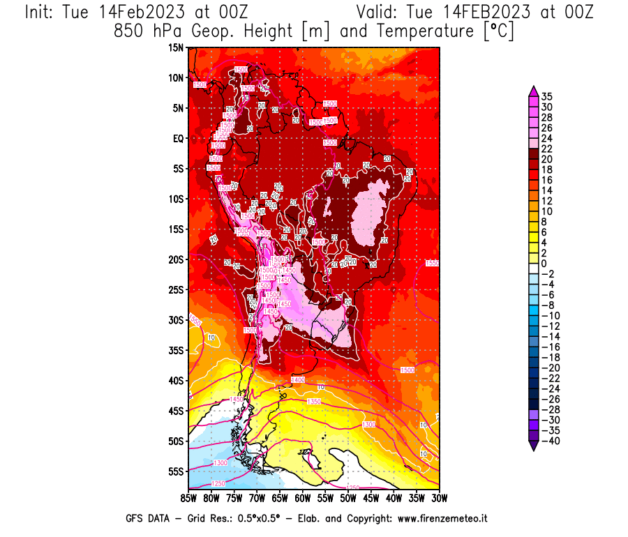 Mappa di analisi GFS - Geopotenziale [m] e Temperatura [°C] a 850 hPa in Sud-America
							del 14/02/2023 00 <!--googleoff: index-->UTC<!--googleon: index-->