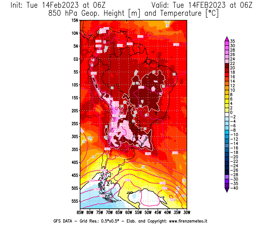 Mappa di analisi GFS - Geopotenziale [m] e Temperatura [°C] a 850 hPa in Sud-America
							del 14/02/2023 06 <!--googleoff: index-->UTC<!--googleon: index-->