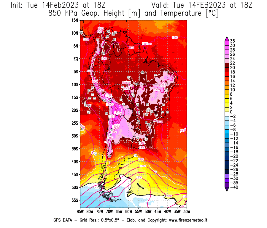Mappa di analisi GFS - Geopotenziale [m] e Temperatura [°C] a 850 hPa in Sud-America
							del 14/02/2023 18 <!--googleoff: index-->UTC<!--googleon: index-->