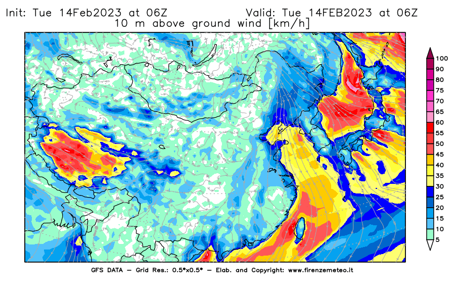 Mappa di analisi GFS - Velocità del vento a 10 metri dal suolo [km/h] in Asia Orientale
							del 14/02/2023 06 <!--googleoff: index-->UTC<!--googleon: index-->