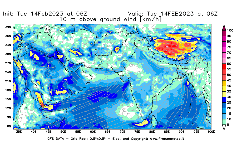 Mappa di analisi GFS - Velocità del vento a 10 metri dal suolo [km/h] in Asia Sud-Occidentale
							del 14/02/2023 06 <!--googleoff: index-->UTC<!--googleon: index-->