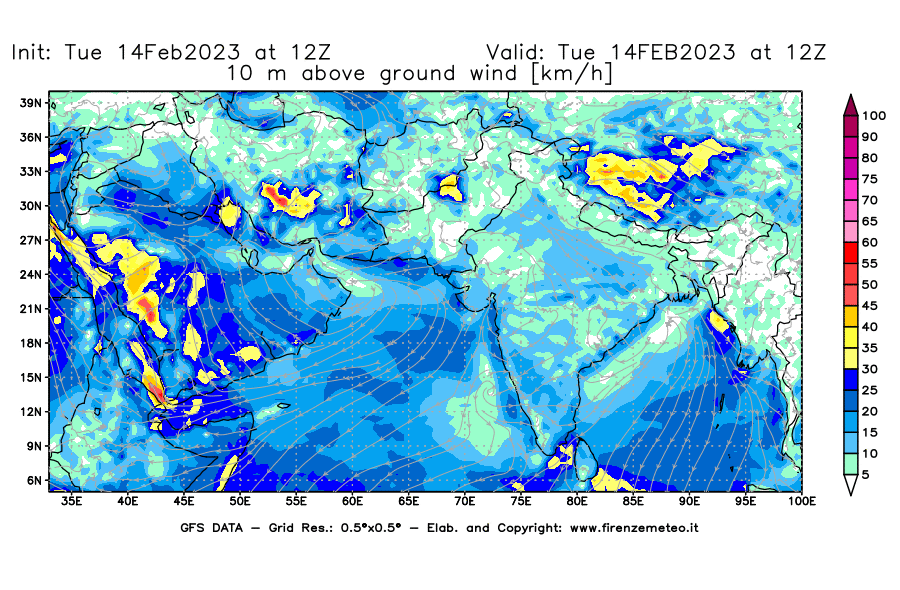 Mappa di analisi GFS - Velocità del vento a 10 metri dal suolo [km/h] in Asia Sud-Occidentale
							del 14/02/2023 12 <!--googleoff: index-->UTC<!--googleon: index-->