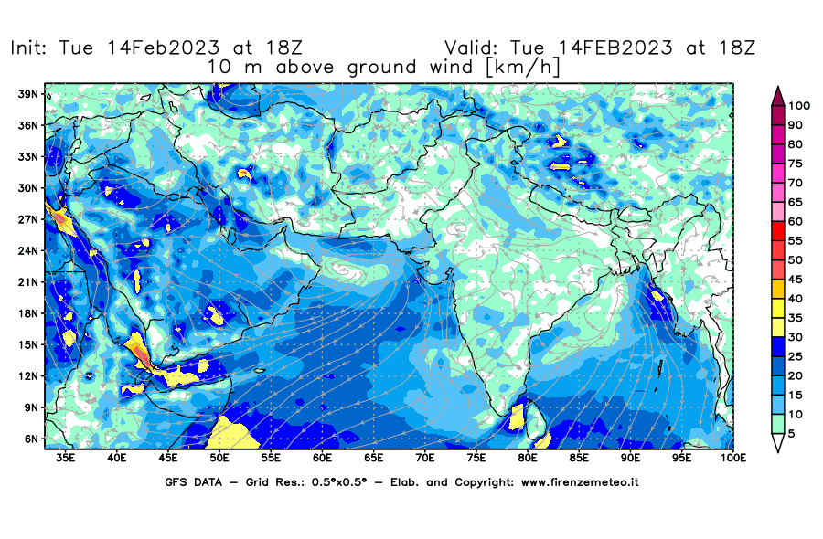 Mappa di analisi GFS - Velocità del vento a 10 metri dal suolo [km/h] in Asia Sud-Occidentale
							del 14/02/2023 18 <!--googleoff: index-->UTC<!--googleon: index-->