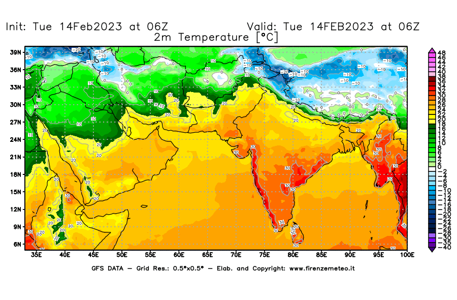 Mappa di analisi GFS - Temperatura a 2 metri dal suolo [°C] in Asia Sud-Occidentale
							del 14/02/2023 06 <!--googleoff: index-->UTC<!--googleon: index-->