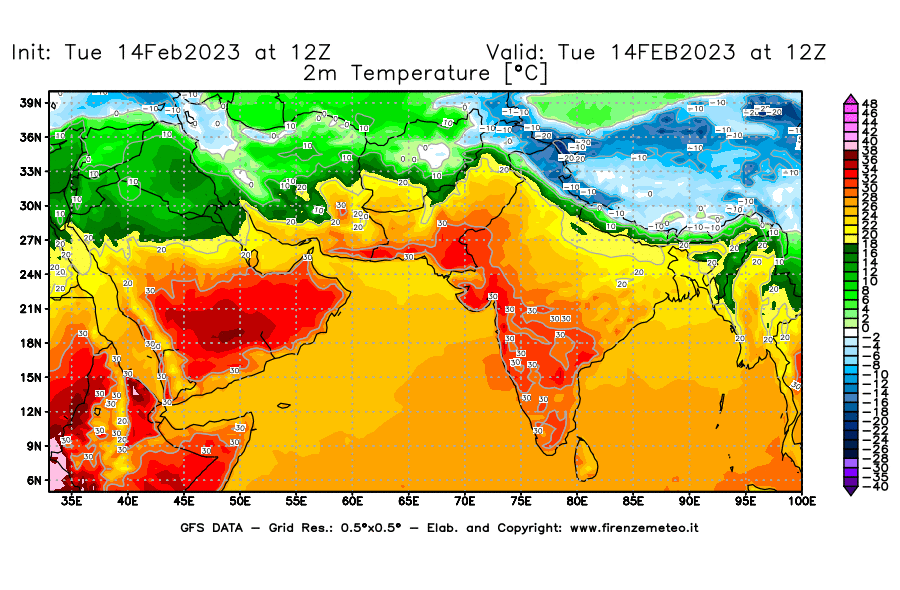 Mappa di analisi GFS - Temperatura a 2 metri dal suolo [°C] in Asia Sud-Occidentale
							del 14/02/2023 12 <!--googleoff: index-->UTC<!--googleon: index-->