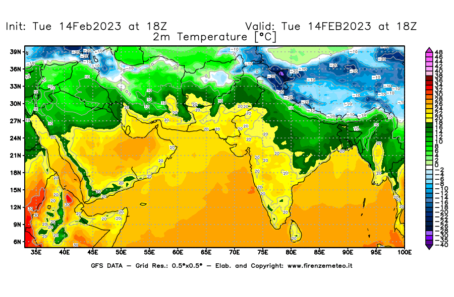 Mappa di analisi GFS - Temperatura a 2 metri dal suolo [°C] in Asia Sud-Occidentale
							del 14/02/2023 18 <!--googleoff: index-->UTC<!--googleon: index-->