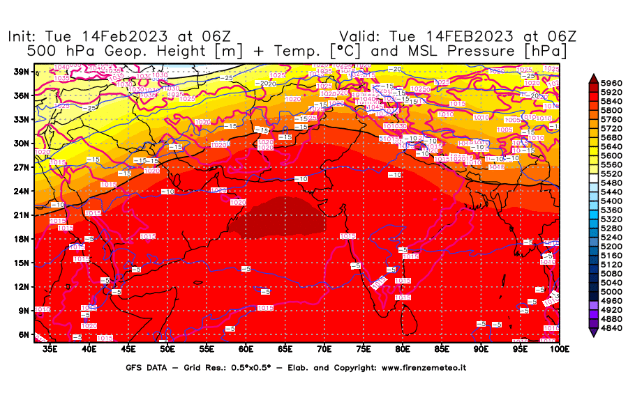 Mappa di analisi GFS - Geopotenziale [m] + Temp. [°C] a 500 hPa + Press. a livello del mare [hPa] in Asia Sud-Occidentale
							del 14/02/2023 06 <!--googleoff: index-->UTC<!--googleon: index-->