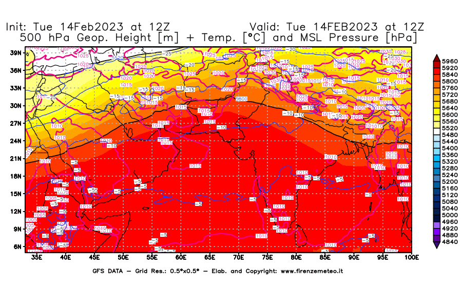 Mappa di analisi GFS - Geopotenziale [m] + Temp. [°C] a 500 hPa + Press. a livello del mare [hPa] in Asia Sud-Occidentale
							del 14/02/2023 12 <!--googleoff: index-->UTC<!--googleon: index-->