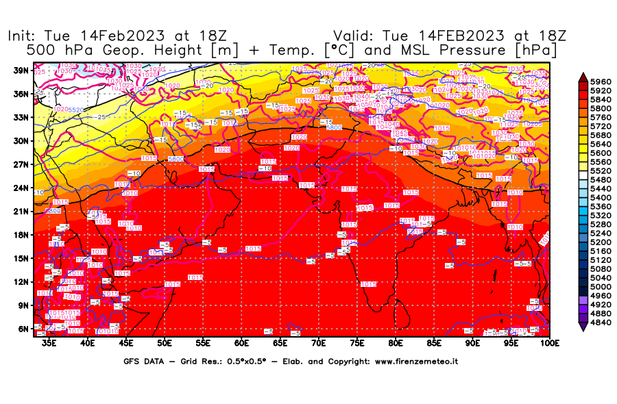 Mappa di analisi GFS - Geopotenziale [m] + Temp. [°C] a 500 hPa + Press. a livello del mare [hPa] in Asia Sud-Occidentale
							del 14/02/2023 18 <!--googleoff: index-->UTC<!--googleon: index-->