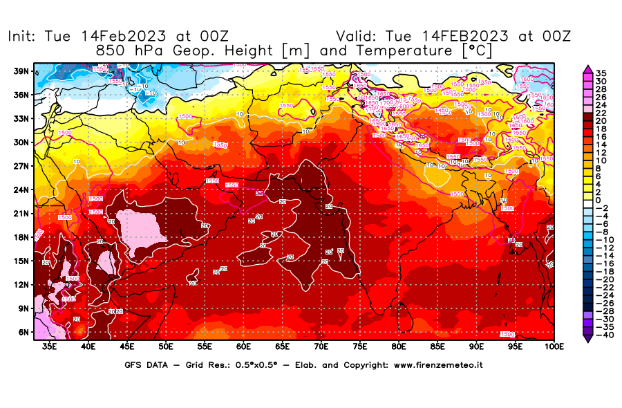 Mappa di analisi GFS - Geopotenziale [m] e Temperatura [°C] a 850 hPa in Asia Sud-Occidentale
							del 14/02/2023 00 <!--googleoff: index-->UTC<!--googleon: index-->