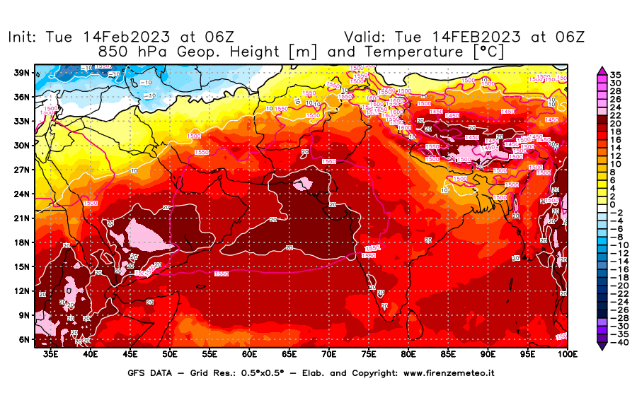 Mappa di analisi GFS - Geopotenziale [m] e Temperatura [°C] a 850 hPa in Asia Sud-Occidentale
							del 14/02/2023 06 <!--googleoff: index-->UTC<!--googleon: index-->