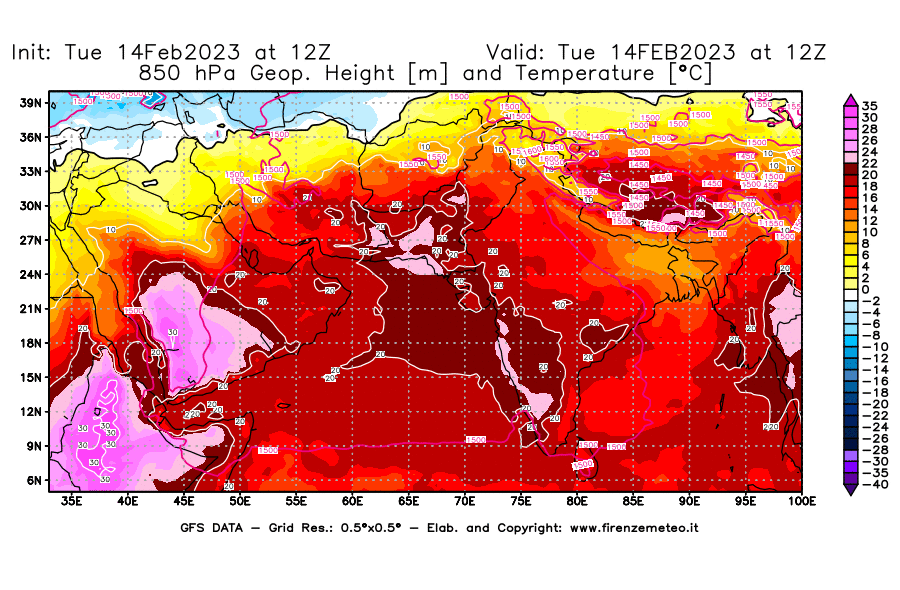 Mappa di analisi GFS - Geopotenziale [m] e Temperatura [°C] a 850 hPa in Asia Sud-Occidentale
							del 14/02/2023 12 <!--googleoff: index-->UTC<!--googleon: index-->