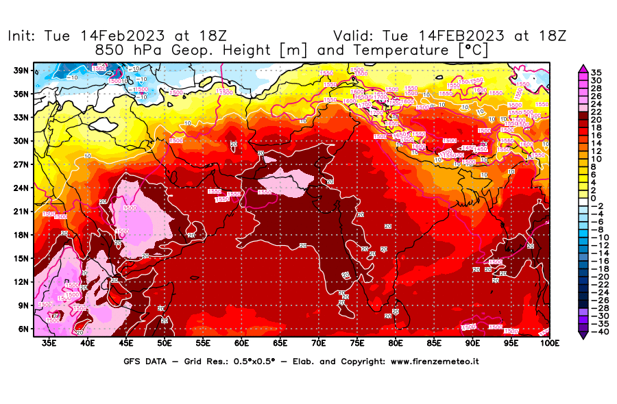 Mappa di analisi GFS - Geopotenziale [m] e Temperatura [°C] a 850 hPa in Asia Sud-Occidentale
							del 14/02/2023 18 <!--googleoff: index-->UTC<!--googleon: index-->