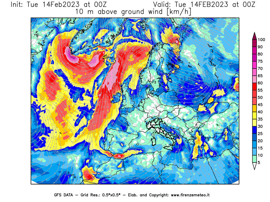 Mappa di analisi GFS - Velocità del vento a 10 metri dal suolo [km/h] in Europa
							del 14/02/2023 00 <!--googleoff: index-->UTC<!--googleon: index-->