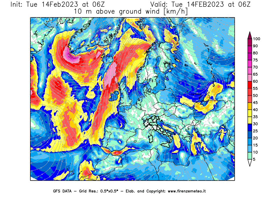 Mappa di analisi GFS - Velocità del vento a 10 metri dal suolo [km/h] in Europa
							del 14/02/2023 06 <!--googleoff: index-->UTC<!--googleon: index-->
