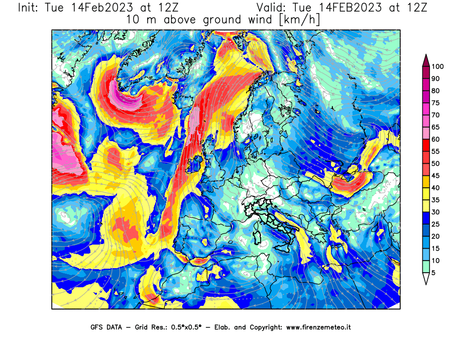 Mappa di analisi GFS - Velocità del vento a 10 metri dal suolo [km/h] in Europa
							del 14/02/2023 12 <!--googleoff: index-->UTC<!--googleon: index-->