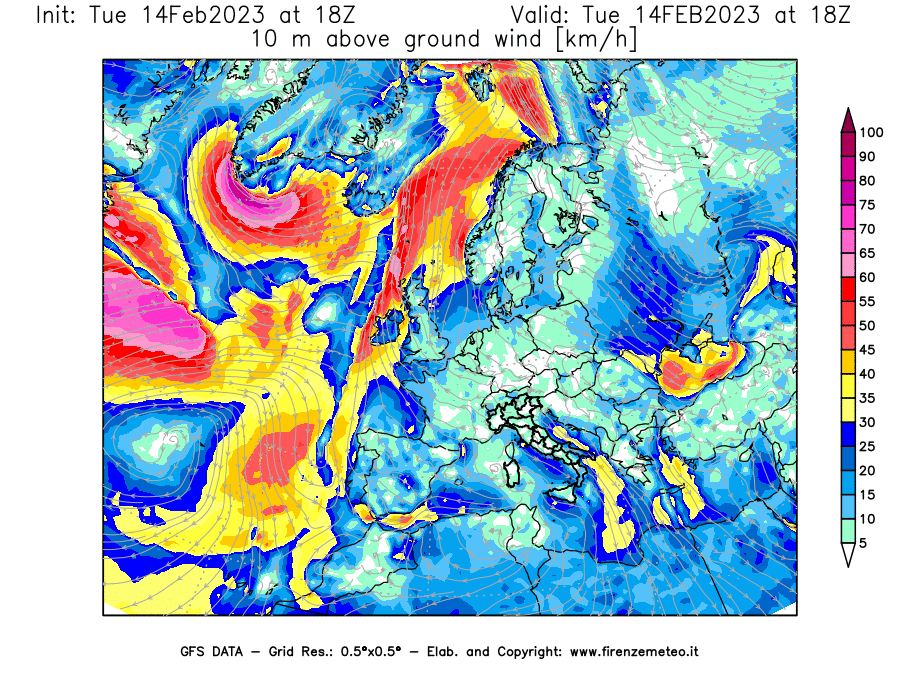 Mappa di analisi GFS - Velocità del vento a 10 metri dal suolo [km/h] in Europa
							del 14/02/2023 18 <!--googleoff: index-->UTC<!--googleon: index-->
