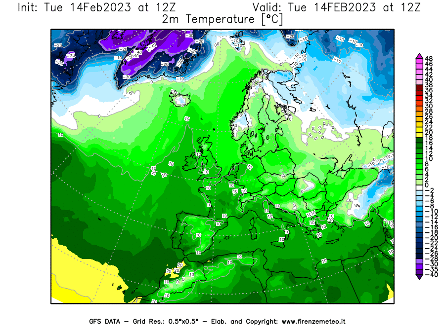Mappa di analisi GFS - Temperatura a 2 metri dal suolo [°C] in Europa
							del 14/02/2023 12 <!--googleoff: index-->UTC<!--googleon: index-->