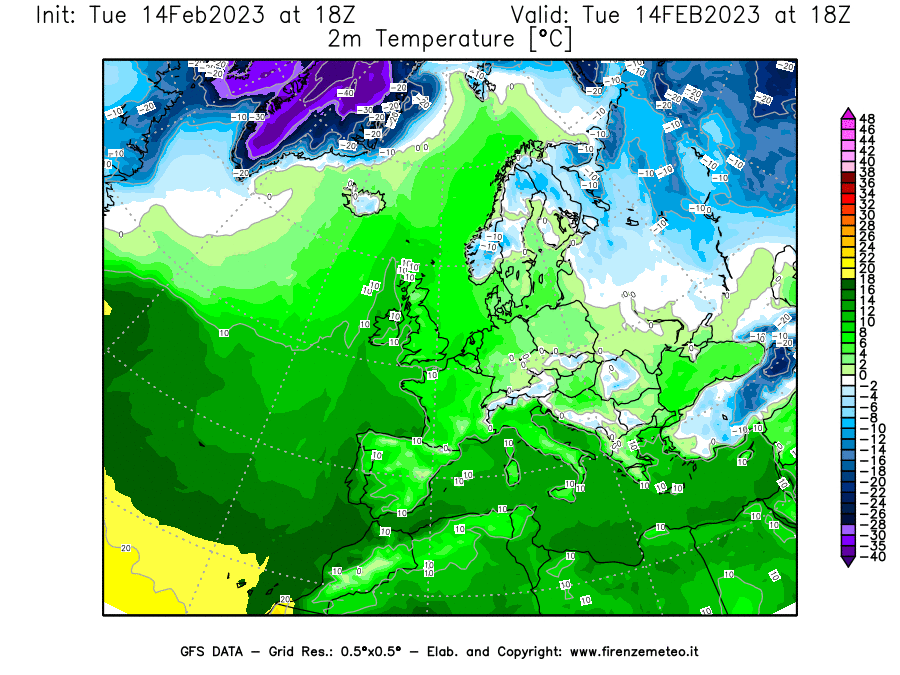 Mappa di analisi GFS - Temperatura a 2 metri dal suolo [°C] in Europa
							del 14/02/2023 18 <!--googleoff: index-->UTC<!--googleon: index-->