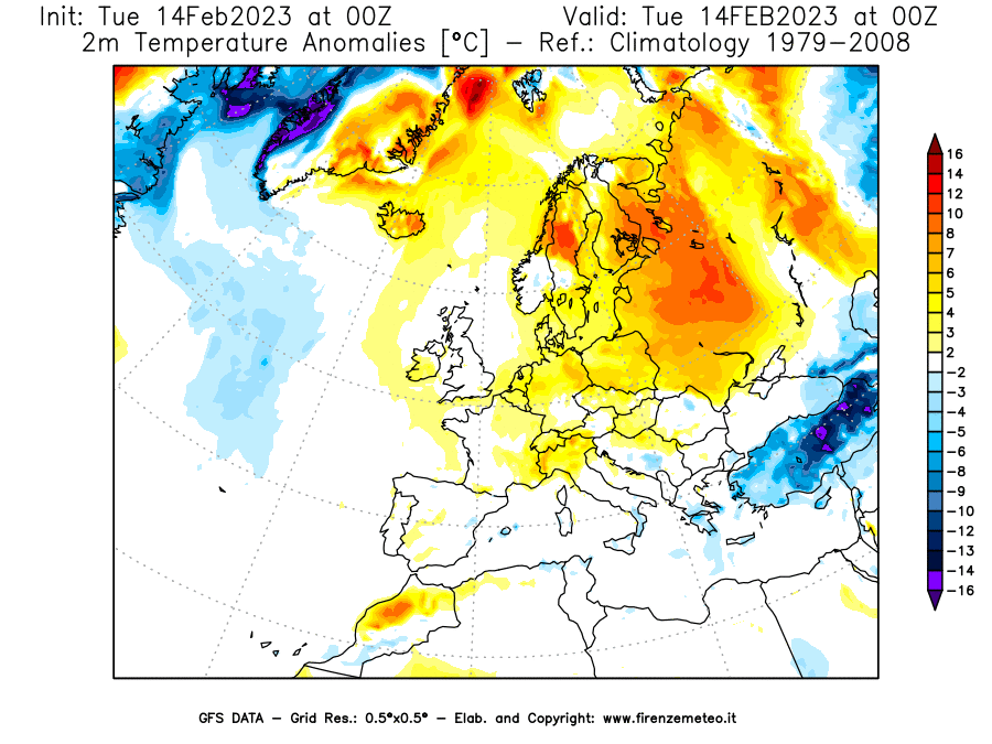 Mappa di analisi GFS - Anomalia Temperatura [°C] a 2 m in Europa
							del 14/02/2023 00 <!--googleoff: index-->UTC<!--googleon: index-->