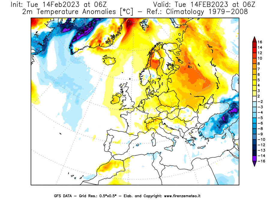 Mappa di analisi GFS - Anomalia Temperatura [°C] a 2 m in Europa
							del 14/02/2023 06 <!--googleoff: index-->UTC<!--googleon: index-->