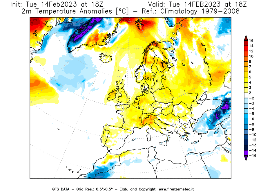 Mappa di analisi GFS - Anomalia Temperatura [°C] a 2 m in Europa
							del 14/02/2023 18 <!--googleoff: index-->UTC<!--googleon: index-->