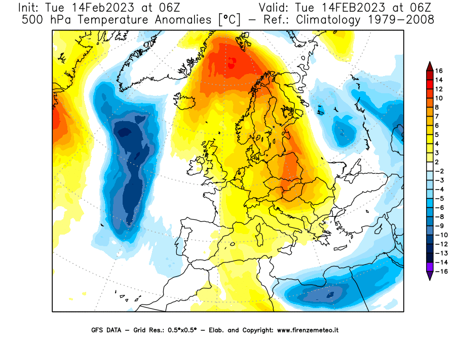 Mappa di analisi GFS - Anomalia Temperatura [°C] a 500 hPa in Europa
							del 14/02/2023 06 <!--googleoff: index-->UTC<!--googleon: index-->